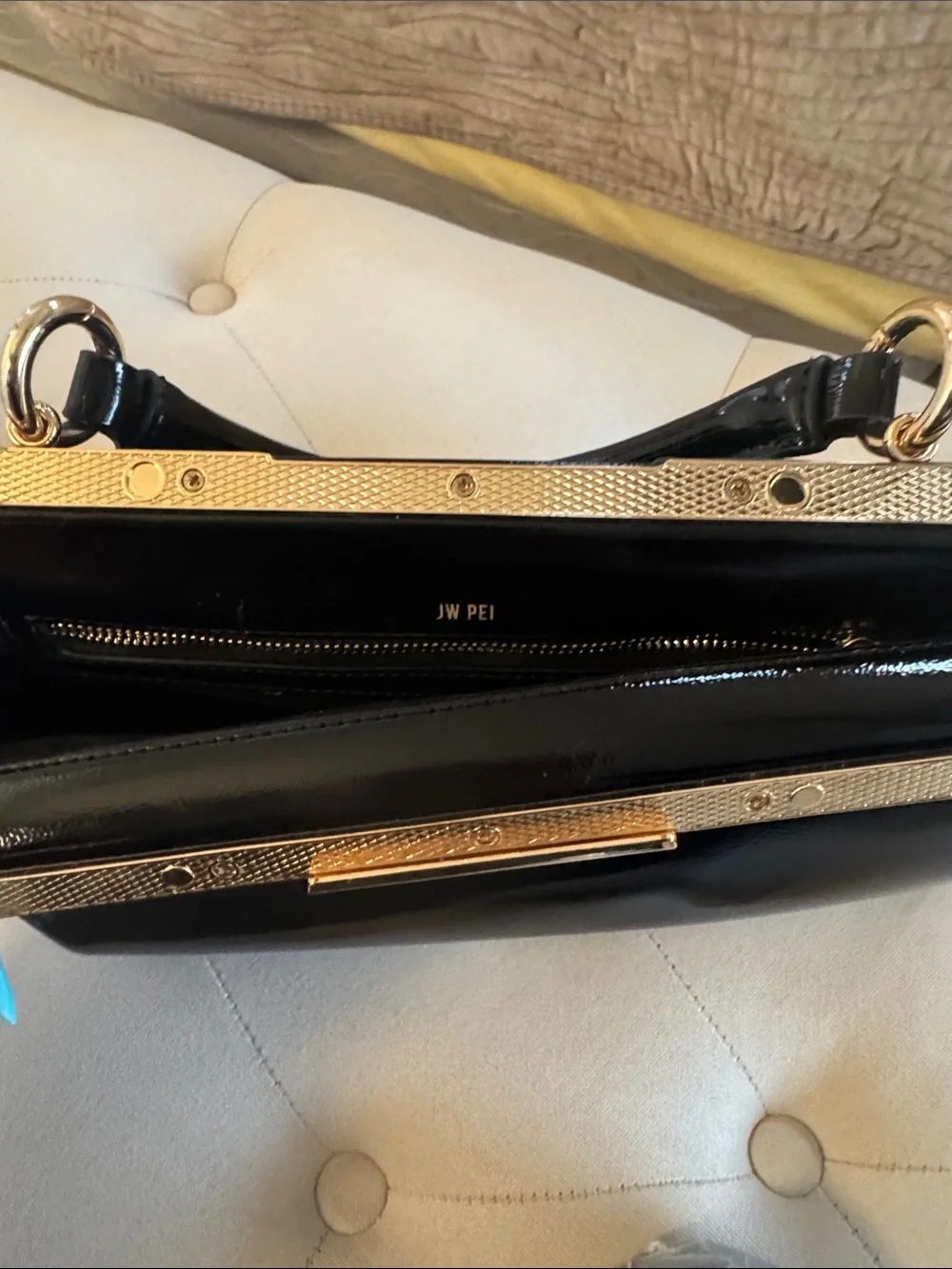 JW PEI Black Patent Top-Handle Clutch with Gold Hardware
